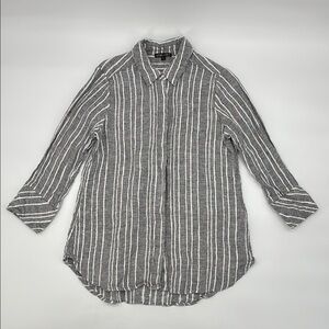 Boho Chic Linen Gray Striped Button-down‎ 3/4 sleeve Shirt size Small